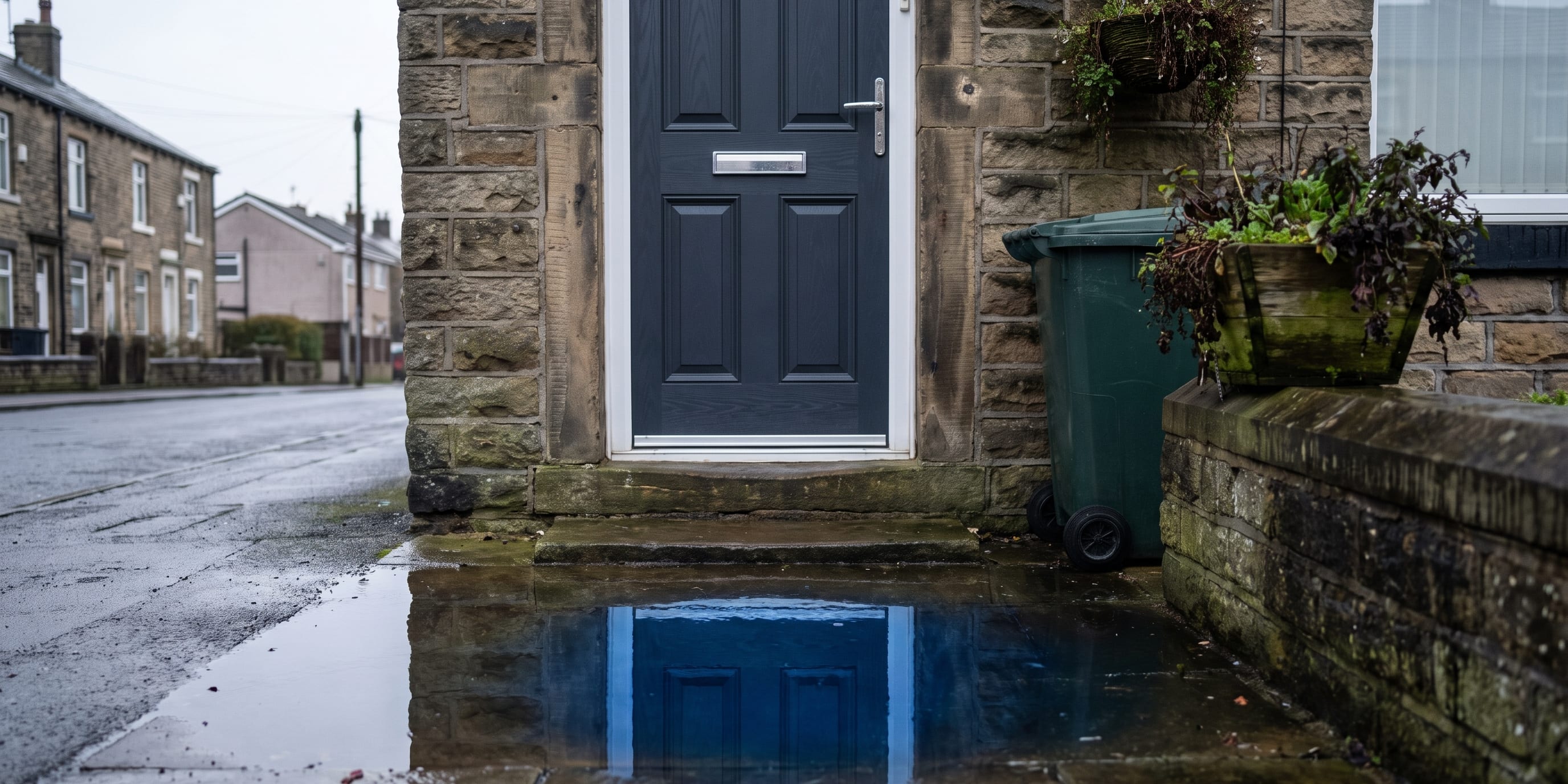 A dark navy composite front door with a white frame set into a stone terraced house, reflected in a puddle on the wet pavement, with a green wheelie bin and potted plants beside the entrance.