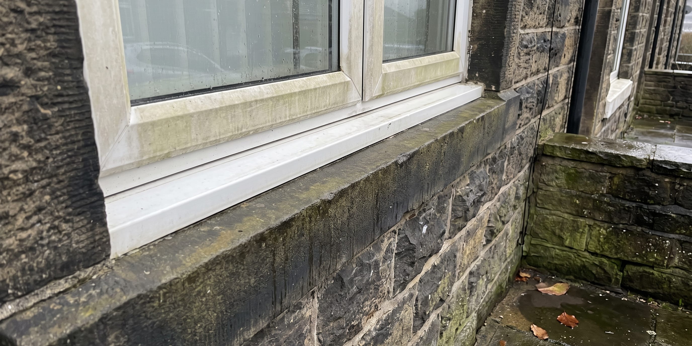 Close-up of a discoloured white uPVC window frame and sill set into a weathered stone wall with moss growth.