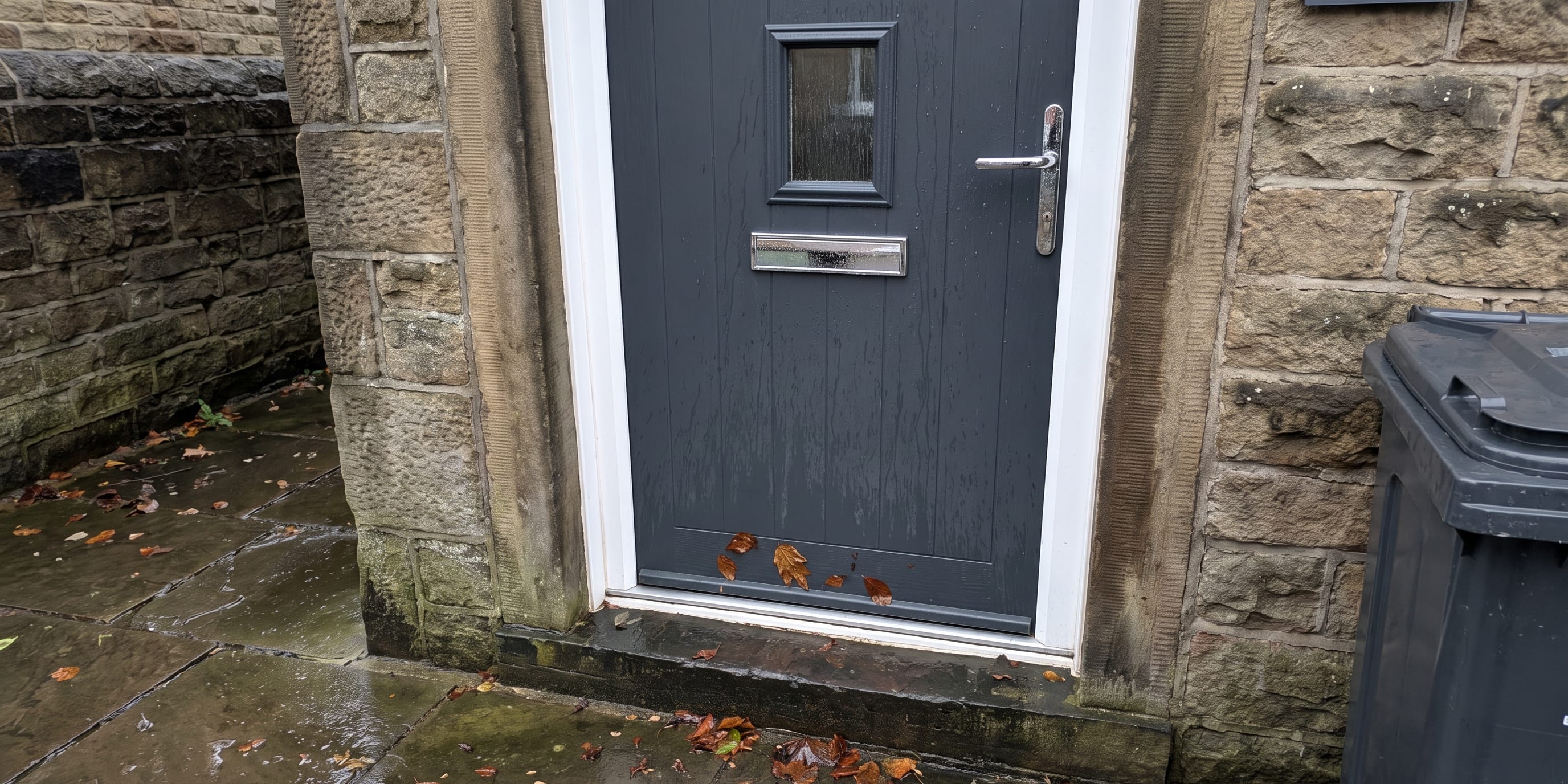 A closed anthracite grey composite front door in a white frame on a stone terraced house, with wet flagstones and autumn leaves on the step.