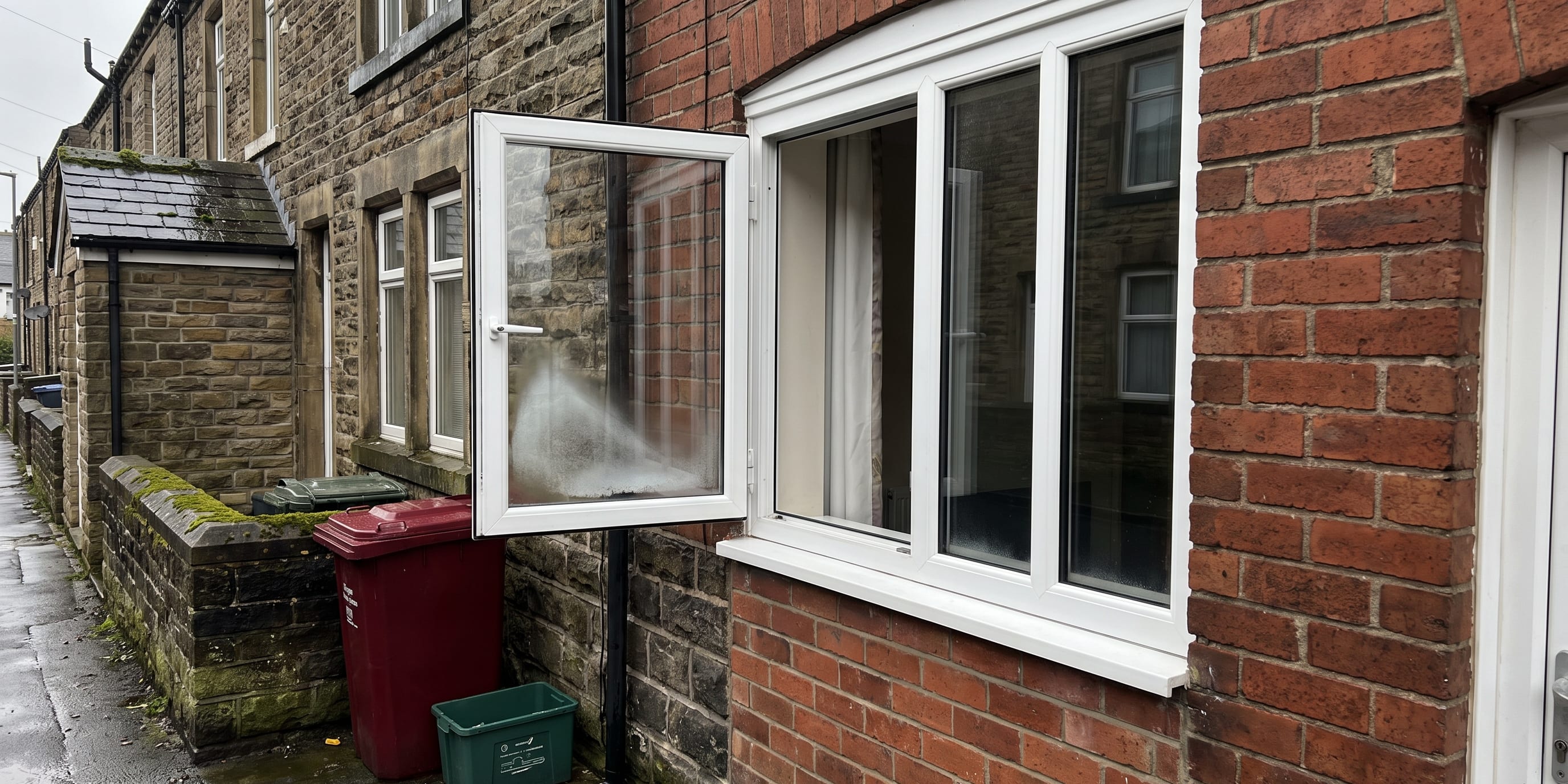 A white uPVC casement window stands open beside a large white uPVC bay window on a red brick house extension, with wheelie bins and a row of stone terraced houses visible along the street to the left.