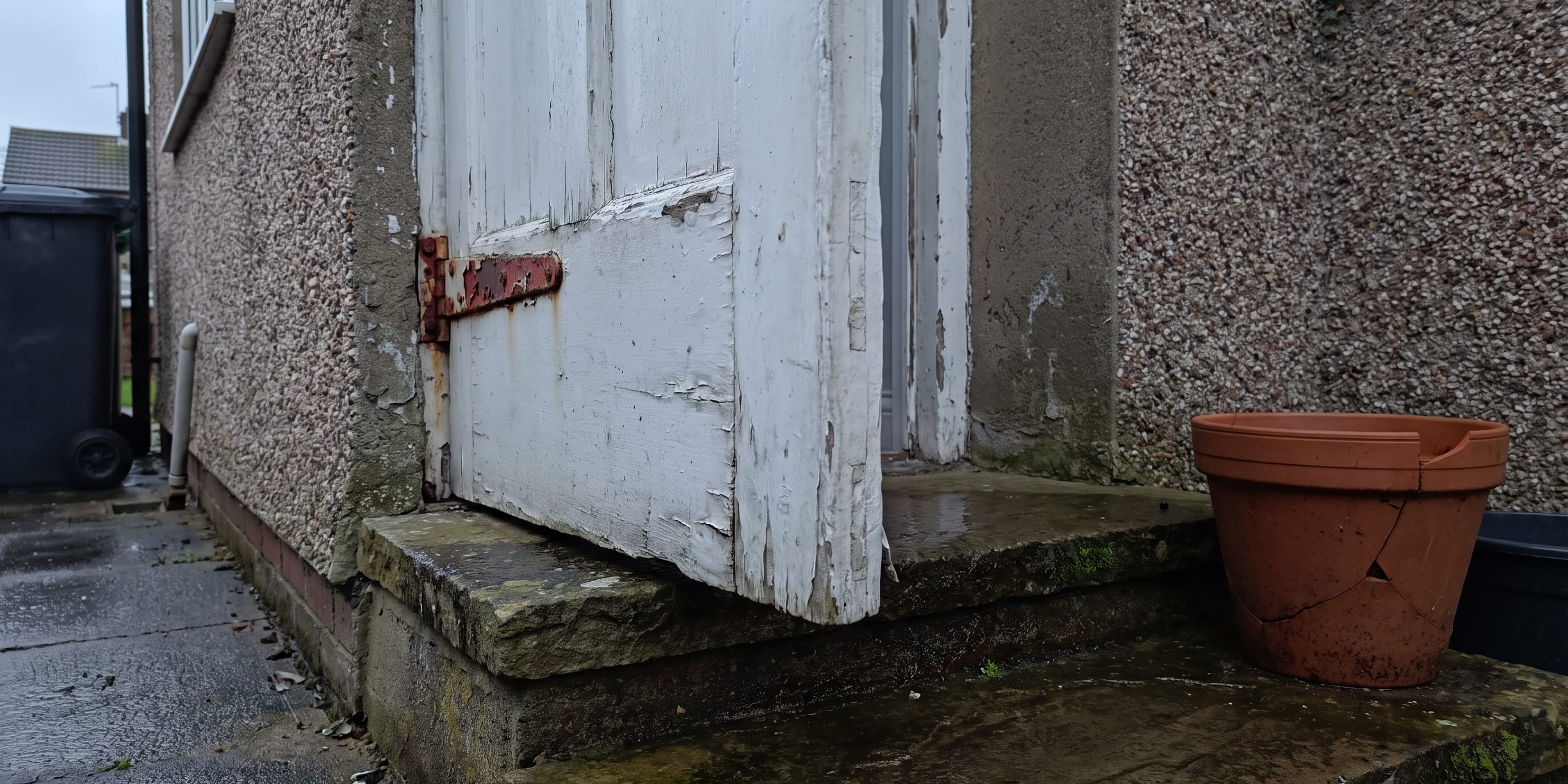 A white wooden door with peeling paint and a rusty hinge, next to a cracked terracotta plant pot on a wet stone step.