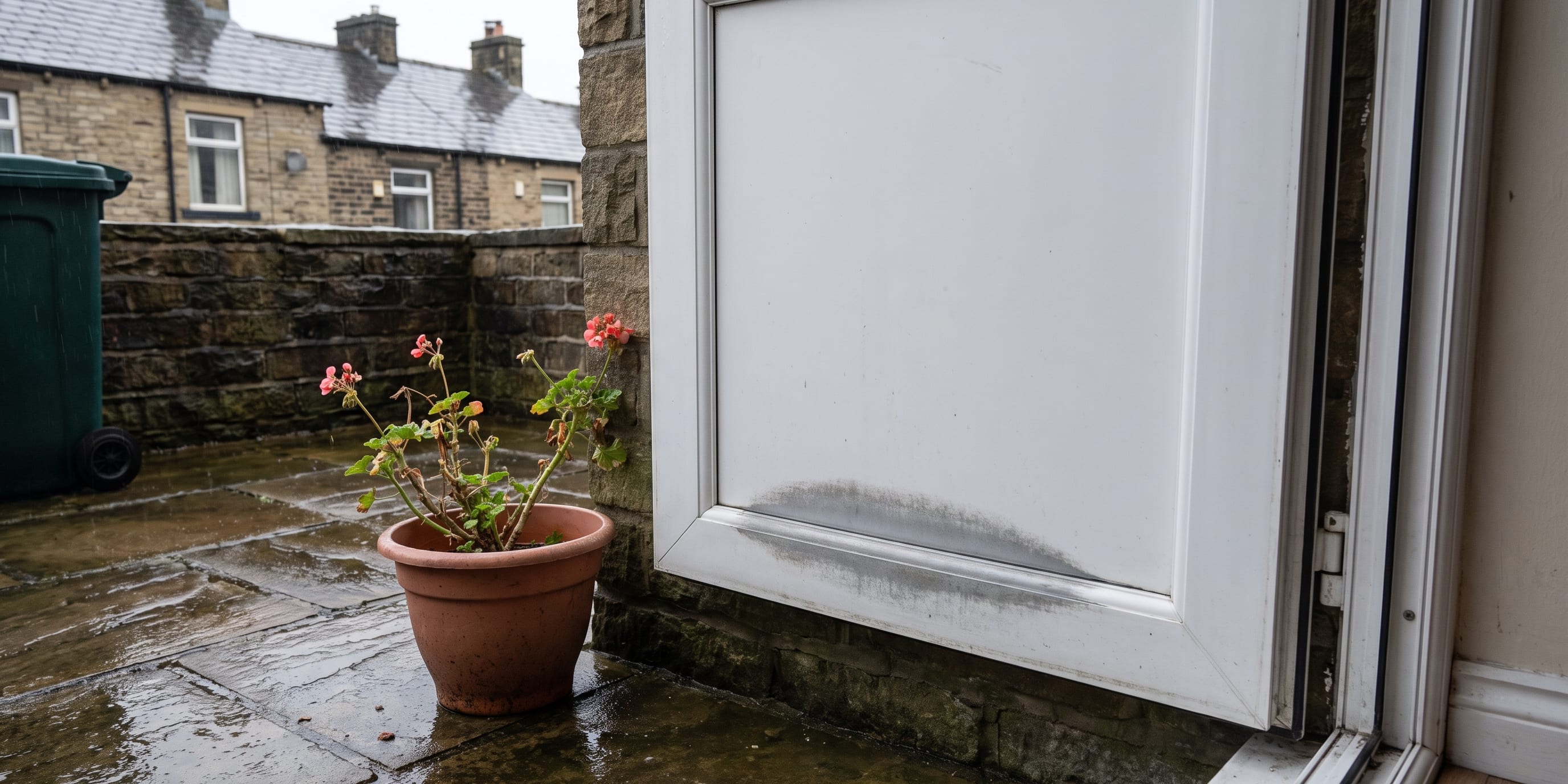Close-up of a white uPVC door frame with a dark stain near the bottom, beside a terracotta pot of geraniums on a wet stone patio, with terraced houses visible in the background.