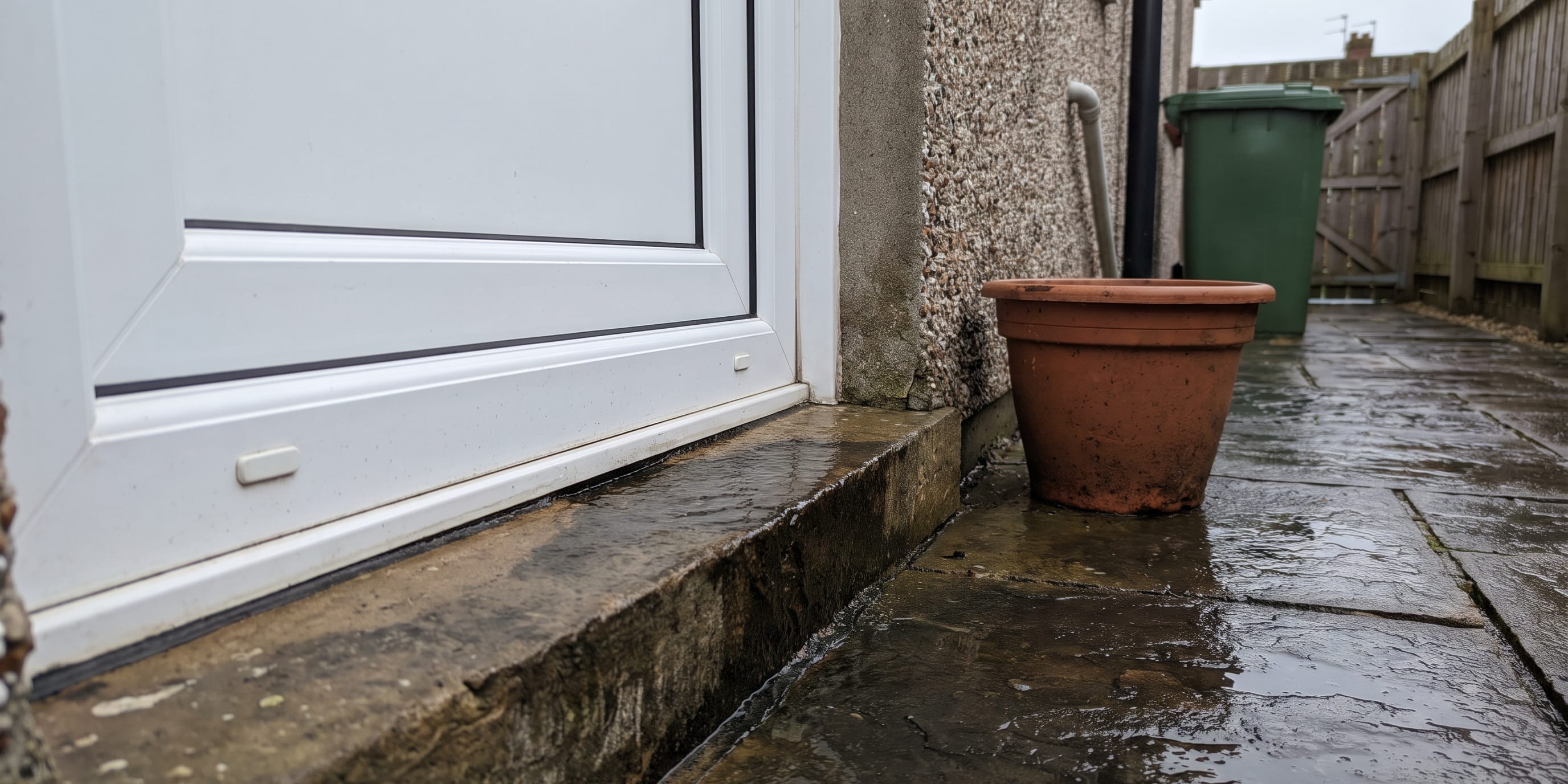 Rainwater pools and flows across a stone threshold beneath a white uPVC back door, with a terracotta plant pot and green wheelie bin on a wet paved path.