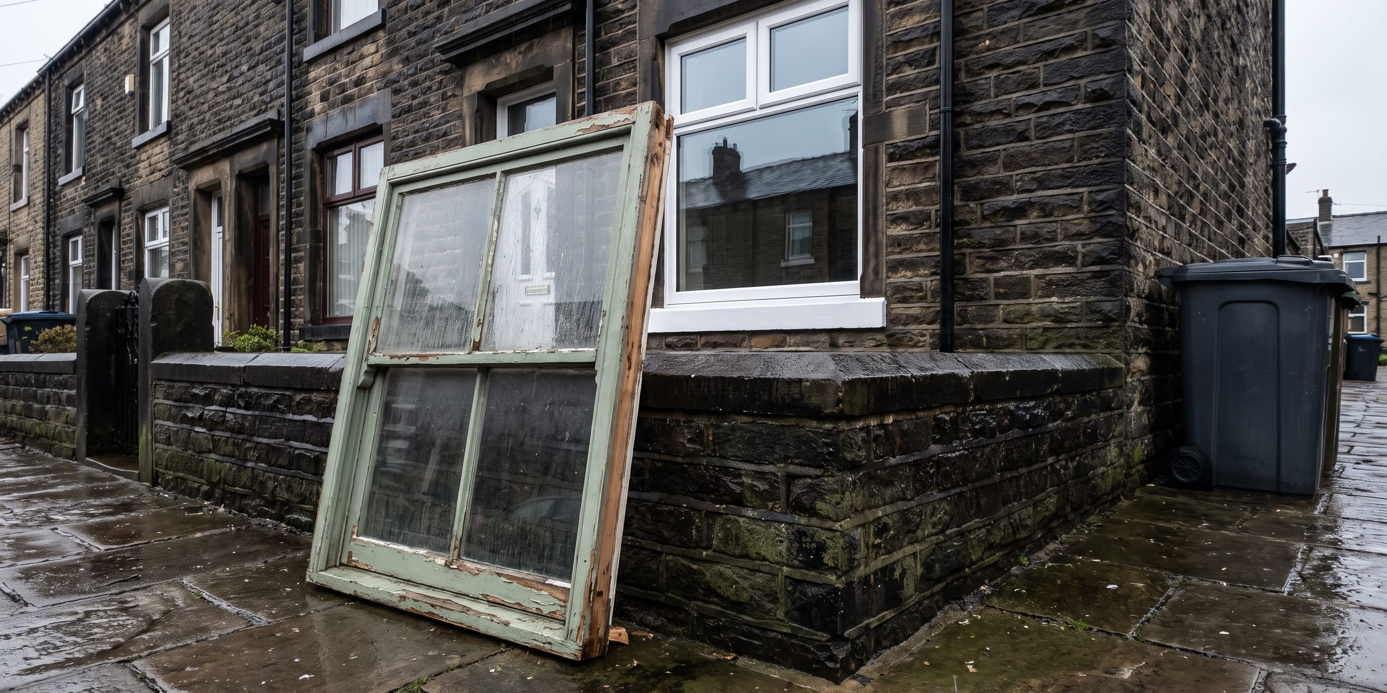 An old green-painted timber sash window frame leans against a stone terraced house wall beside a newly installed white uPVC window, with wheelie bins and a wet pavement in the foreground.